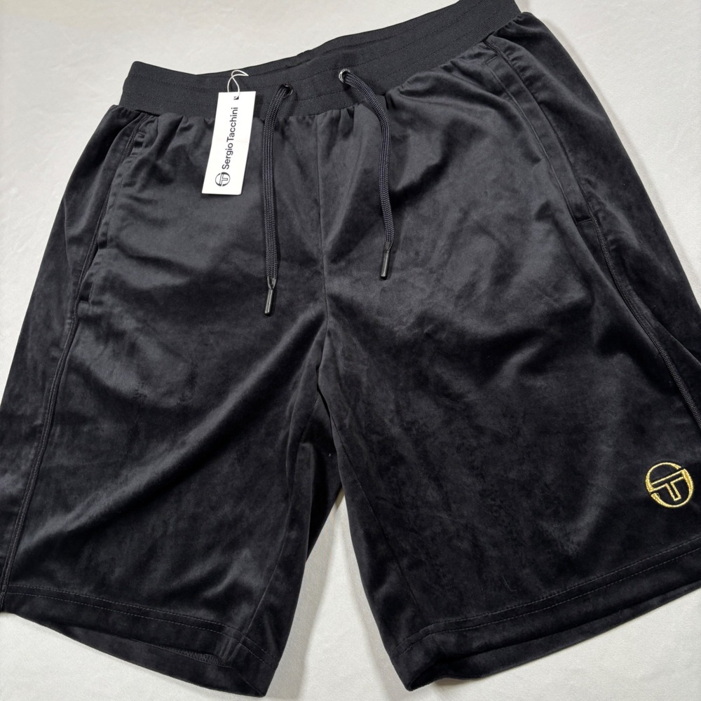 Sergio Tacchini Sovana Track Shorts Mens Large Black Velour Gold Logo NWT